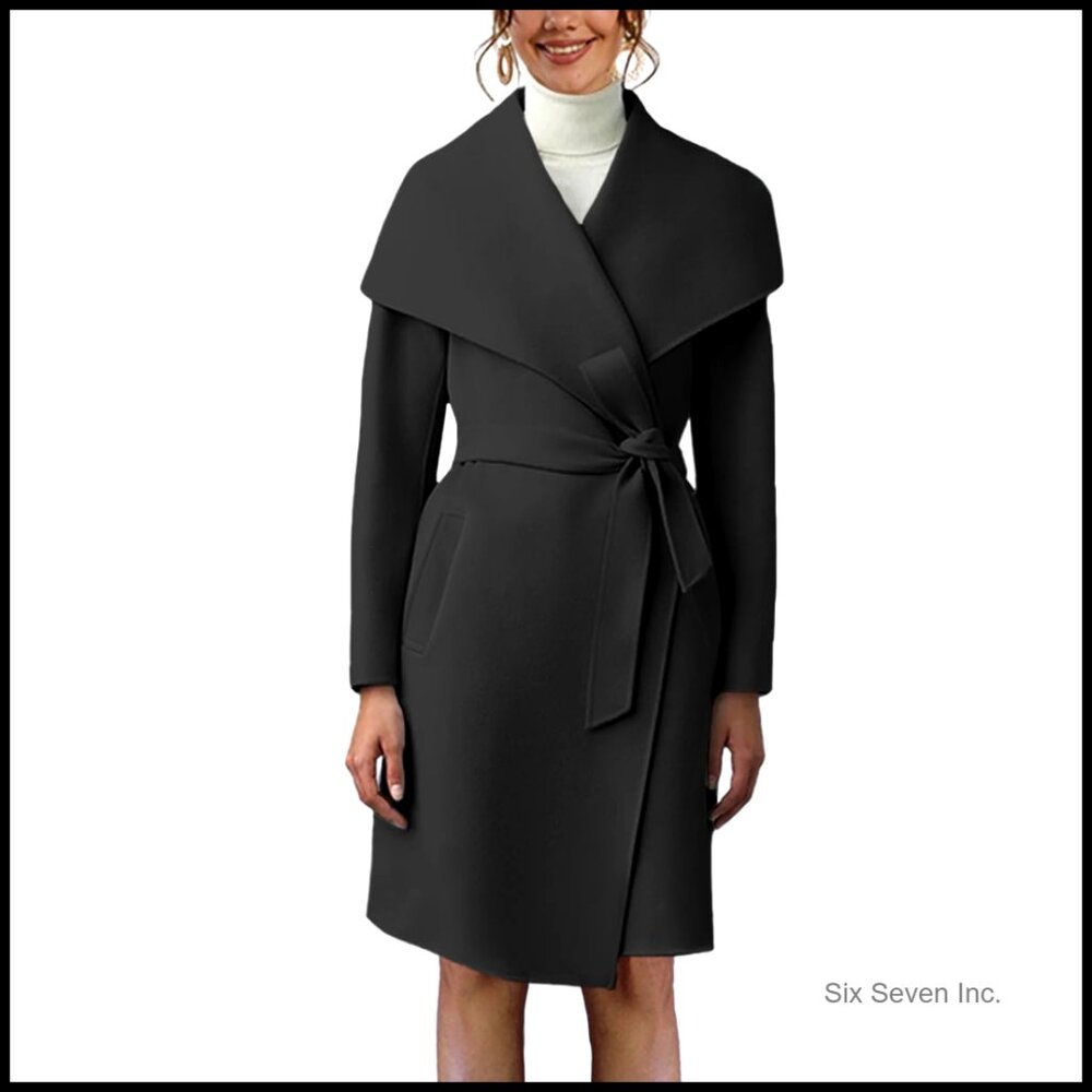 Polyester Trench Coat With Lapel Collar Belted Open Front Long Jacket